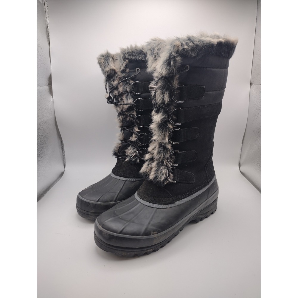 Lands End Womens Black Suede Faux Fur Tall Winter Snow Boots 6.5b